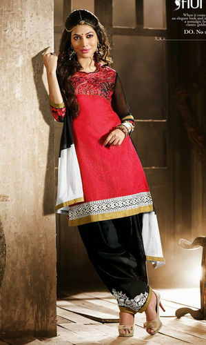 Red & Black Cotton Patiala Suit (Pallium 4014)