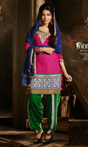 Magenta & Green Cotton Patiala Suit